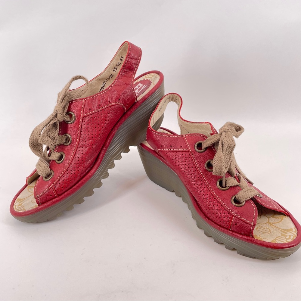 Fly London Cherry Red Leather Yla Wedge Lace Up Sandal Size 41/10